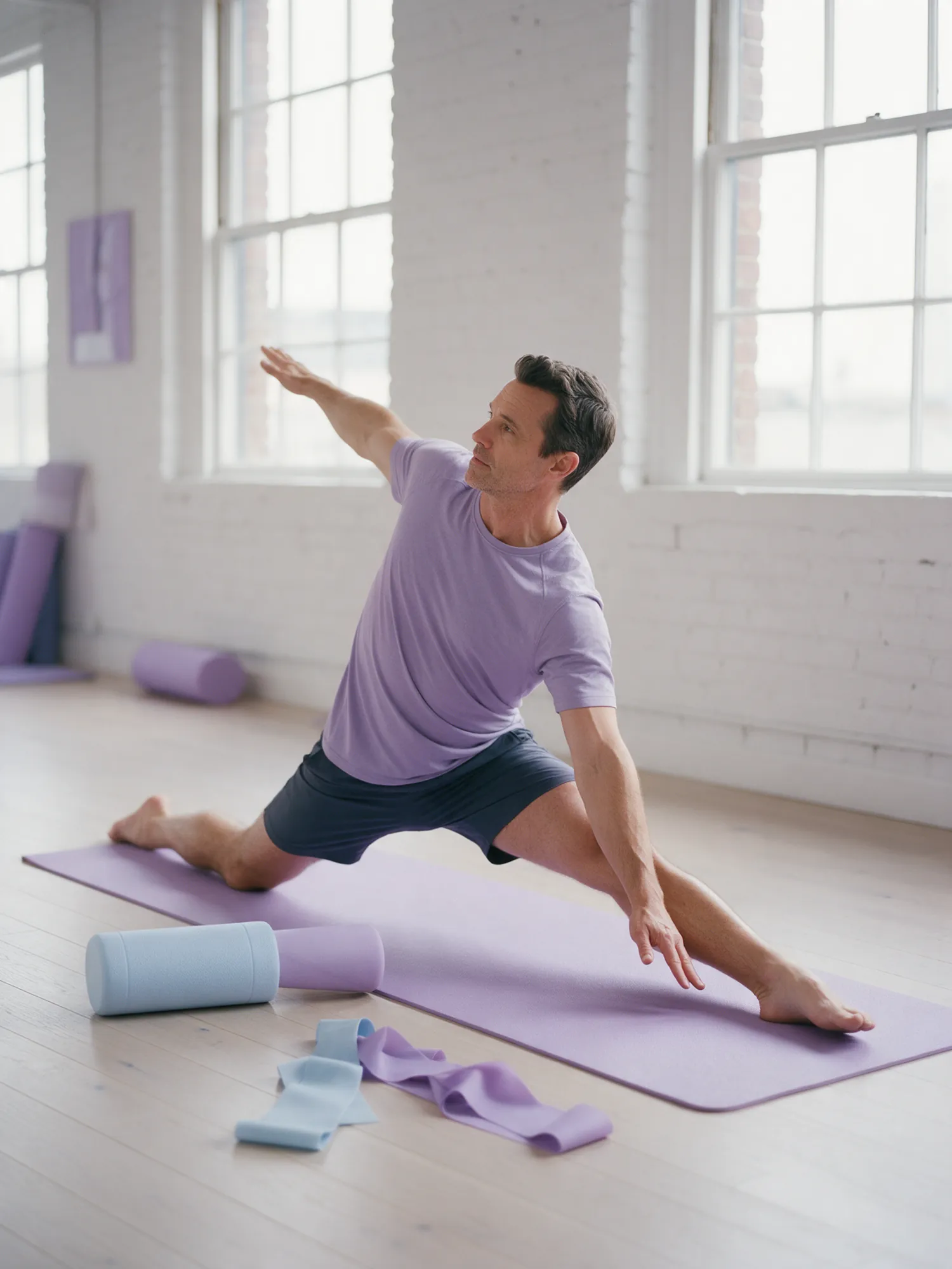 Member moving through a rotational lunge on a lavender mat